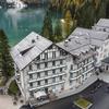 An aerial view of the Pragser Wildsee hotel and lake. 