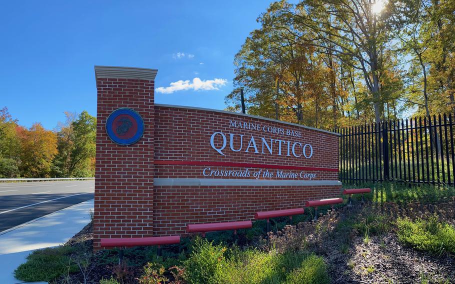 The entrance sign of Marine Corps Base Quantico, Va. Marines prevented two individuals from breaching the base May 3, 2024, and turned them over to U.S. Immigration and Customs Enforcement.