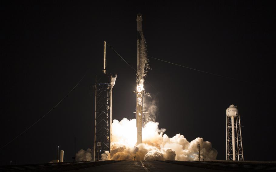 In this handout provided by the National Aeronautics and Space Administration (NASA), a SpaceX Falcon 9 rocket carrying the company’s Crew Dragon spacecraft is launched on NASA’s SpaceX Crew-4 mission to the International Space Station with NASA astronauts Kjell Lindgren, Robert Hines, Jessica Watkins, and ESA (European Space Agency) astronaut Samantha Cristoforetti onboard, on April 27, 2022, at the Kennedy Space Center in Cape Canaveral, Fla.