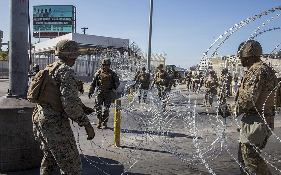 U.S. Marines assist U.S. Customs and Border Protection suspending operations at the San Ysidro Port of Entry in California on Nov. 25, 2018. According to reports on Friday, May 12, 2023, about 200 Marines from Camp Pendleton, Calif., will join about 350 Marines from Camp Lejeune, N.C., and will be assigned duties by the Border Patrol agents at the southern border.