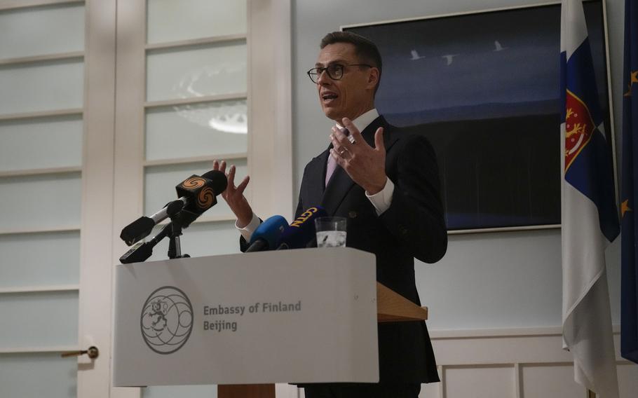 Finnish President Alexander Stubb speaks during a press conference at the Finnish Ambassador’s Residence after meeting with Chinese President Xi Jinping, in Beijing, Tuesday, Oct. 29, 2024. 