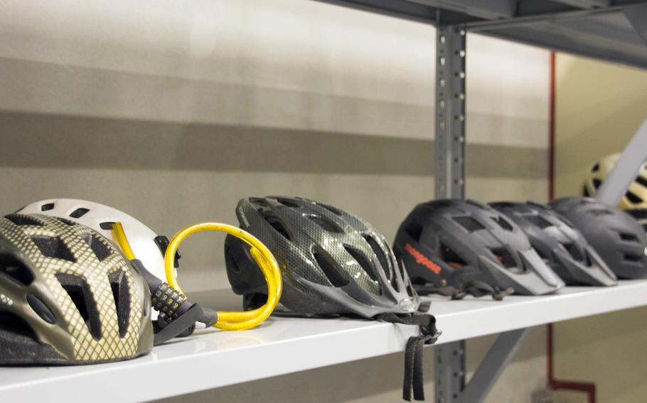 Helmets and safety gear collected by Humphreys Bike Program volunteers await new owners at Camp Humphreys, South Korea, Sept. 12, 2023.