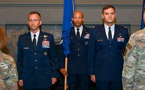Air Force Maj. Nathaniel Roesler, right, assumes command of the Warrant Officer Training School at Maxwell Air Force Base in Alabama on June 28, 2024.