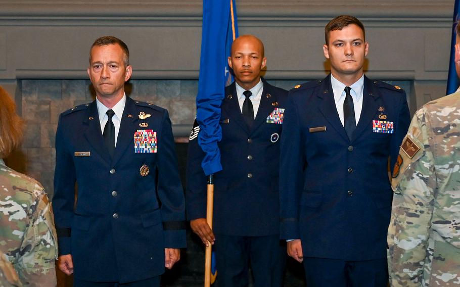 Air Force Maj. Nathaniel Roesler, right, assumes command of the Warrant Officer Training School at Maxwell Air Force Base, Alabama, on June 28, 2024.