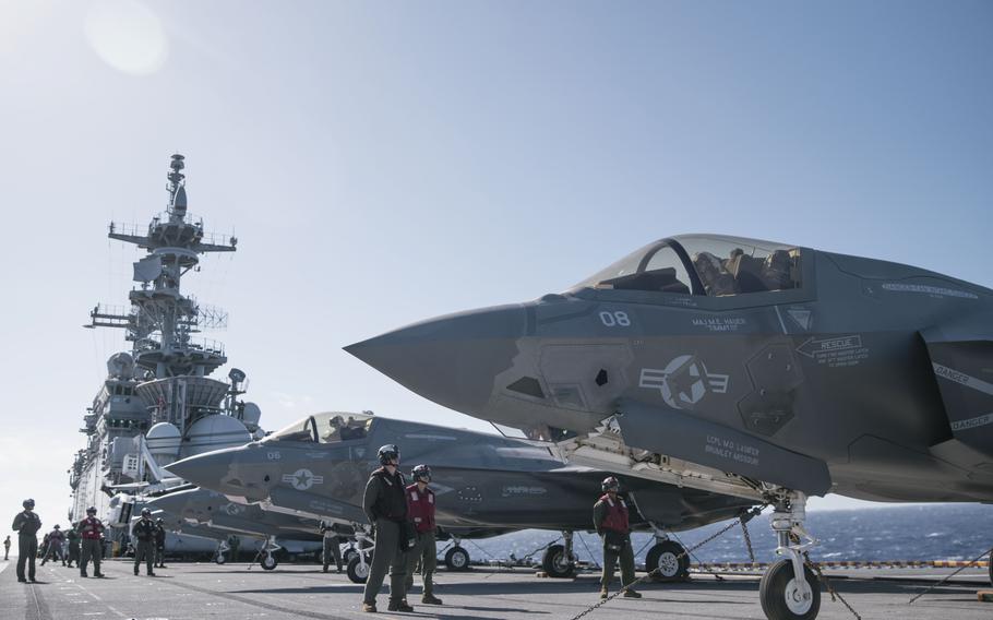 U.S. Marine Corps F-35B Lightning II aircraft conduct preflight checks.