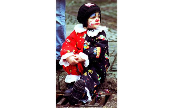 Oberkirch, Germany, February 1999: A young button-nosed clown looks ...