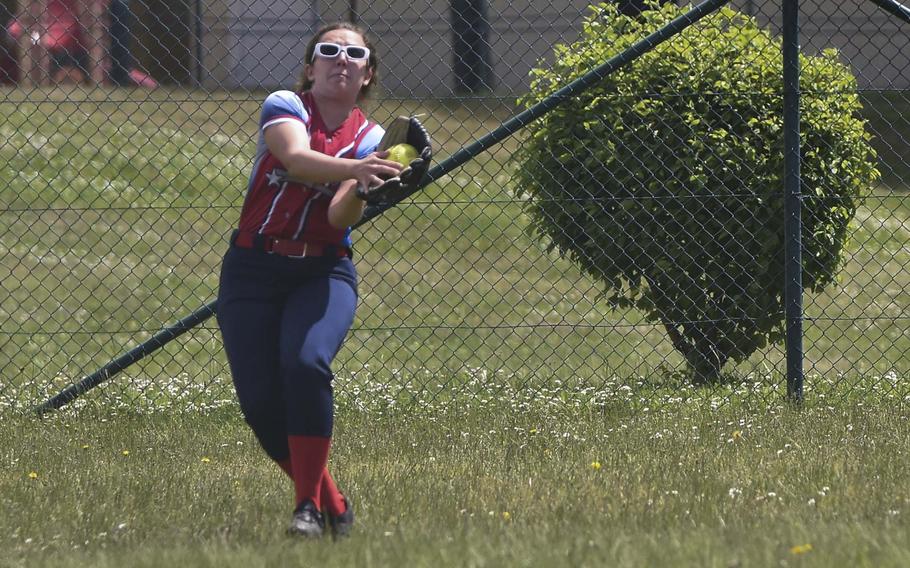 Aviano senior Stella Payan catches a fly ball during day one of the European championships on May 22, 2024, at Ramstein Air Base, Germany.