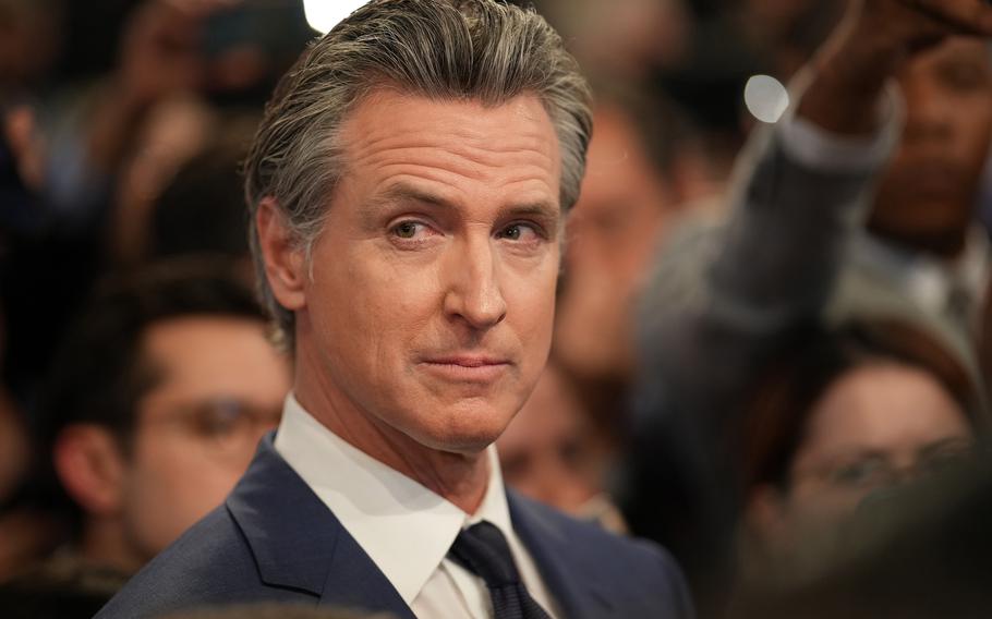 California Gov. Gavin Newsom speaks to reporters in the spin room following the CNN Presidential Debate between U.S. President Joe Biden and Republican presidential candidate, former U.S. President Donald Trump at the McCamish Pavilion on the Georgia Institute of Technology campus on June 27, 2024, in Atlanta. 