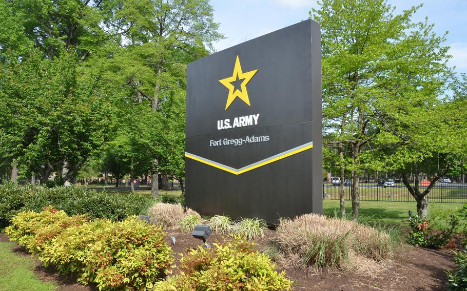 Gate sign at Fort Gregg-Adams, Va. Fort Lee was renamed Fort Gregg-Adams on April 27, 2023, in honor of Lt. Gen. Arthur Gregg and Lt. Col. Charity Adams, two Black Army officers.