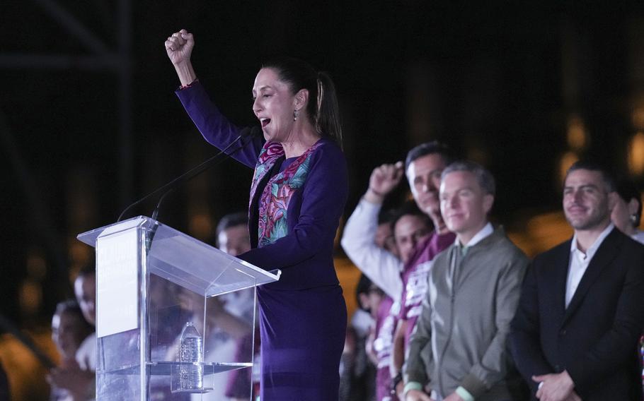 Ruling party presidential candidate Claudia Sheinbaum addresses supporters at the Zocalo, Mexico City's main square, after the National Electoral Institute announced she held an irreversible lead in the election, June 3, 2024.