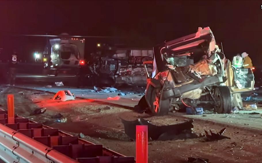 A video screen grab shows an accident scene on I-5 near Camp Pendleton, Calif, where two Navy sailors were among the three killed in the chain-reaction crash on June 27, 2024.