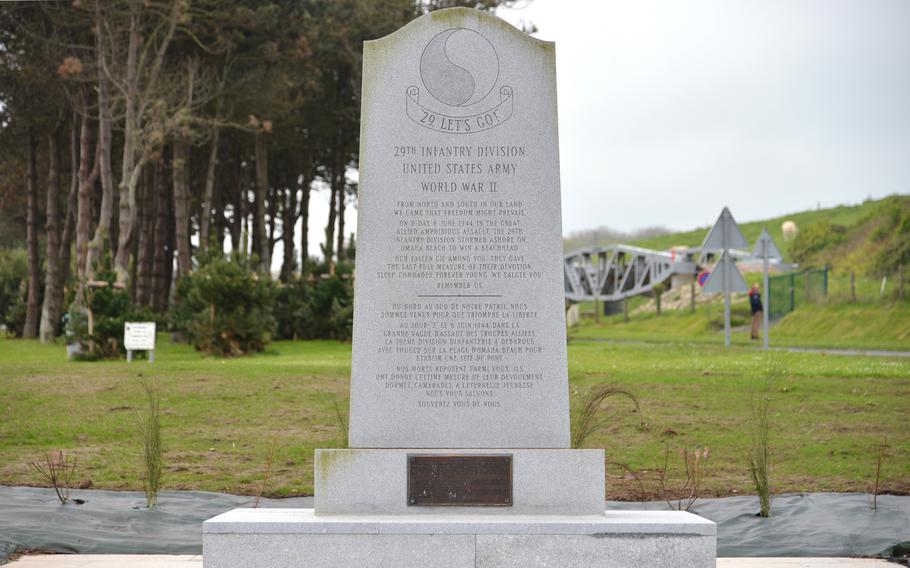The monument to the 29th Infantry Division at Vierville-sur-Mer on Omaha Beach. The division’s 116th Infantry Regiment was in the first assault wave at Omaha Beach.
