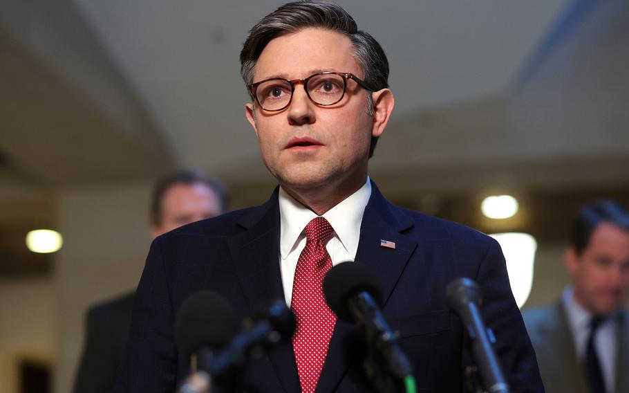 U.S. Speaker of the House Mike Johnson (R-LA) speak following a briefing with National Security Adviser Jake Sullivan at the U.S. Capitol on Feb. 15, 2024, in Washington. 