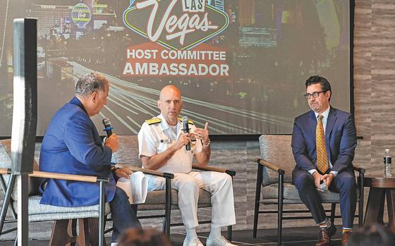 Rear Adm. Joaquin Martinez de Pinillos, center, reserve director of Maritime Operations, U.S. Pacific Fleet, Pearl Harbor, Hawaii, speaks during a roundtable discussion as Mike O'Brien, left, a moderator, and Jeremy Aguero, principal analyst at the research firm Applied Analysis, look on Tuesday, Oct. 15, 2024, in Las Vegas. (Bizuayehu Tesfaye/Las Vegas Review-Journal) @bizutesfaye