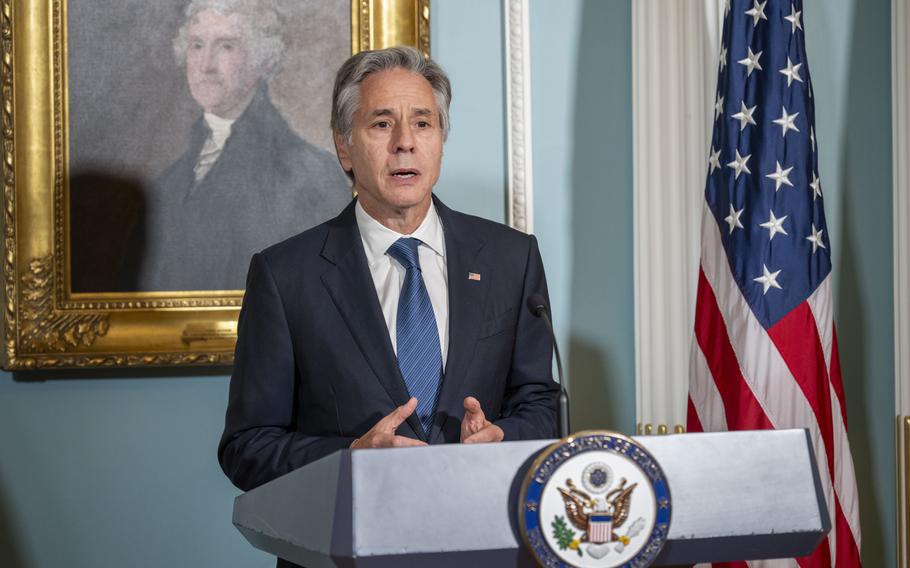 Secretary of State Antony Blinken speaks during a memorandum of cooperation signing ceremony with Norway’s Foreign Minister Espen Barth Eide at the State Department on Monday, Sept. 30, 2024, in Washington. 