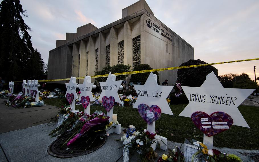 A makeshift memorial stands outside the Tree of Life Synagogue in the aftermath of a deadly shooting in Pittsburgh on Oct. 29, 2018.