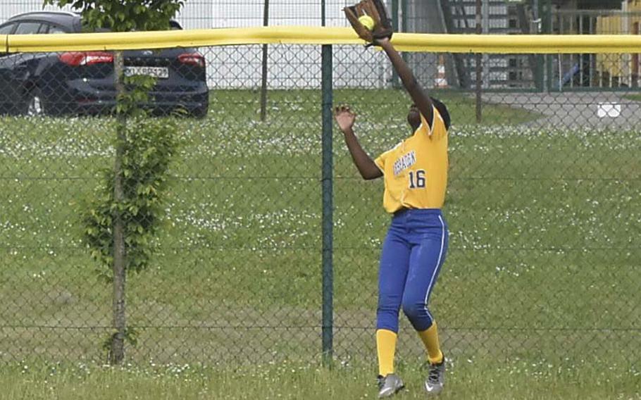 Wiesbaden junior Imani Coley catches a deep ball in the outfield during the DODEA-Europe softball championship semifinals May 23, 2024, on Ramstein Air Base, Germany.