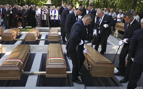 A view of several of the 188 coffins during burial ceremonies for recently uncovered remains of more than 700 victims of Nazi Germany’s World War II mass executions in Chojnice, Poland, on Sept. 2, 2024.