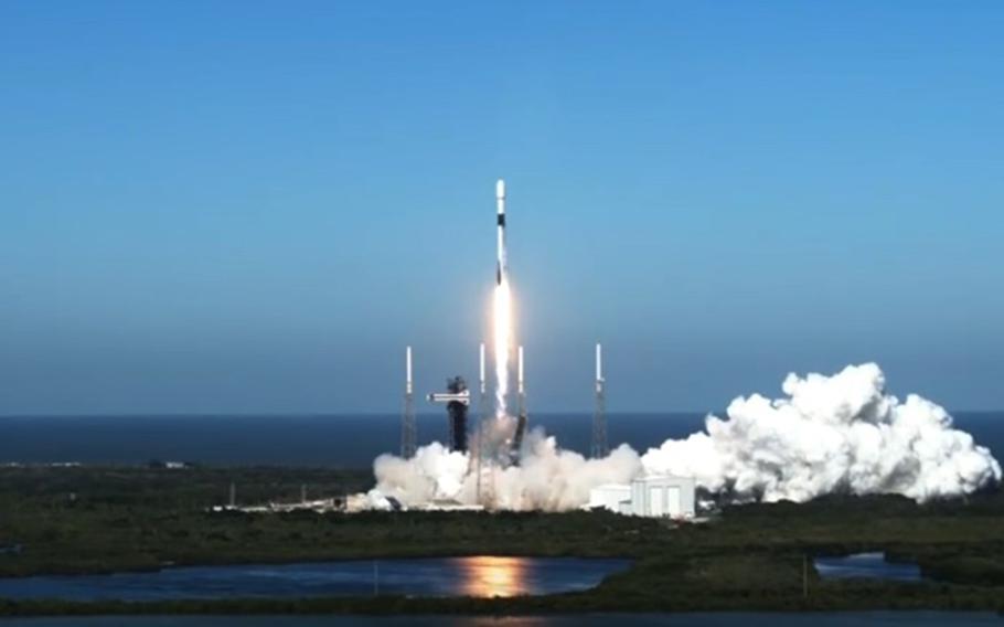 A SpaceX Falcon 9 rocket launches from Cape Canaveral Space Force Station’s Space Launch Complex 40 on Tuesday, Feb. 20, 2024. 