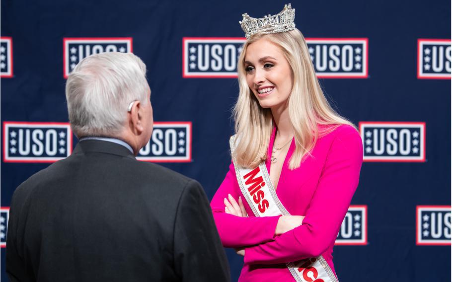 Miss America Madison Marsh, also a second lieutenant in the Air Force, speaks with Sen. Jack Reed, D-RI