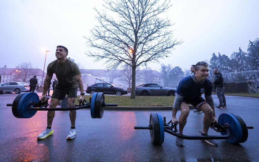 Secretary of Defense Pete Hegseth participates in a morning PT session hosted by troops