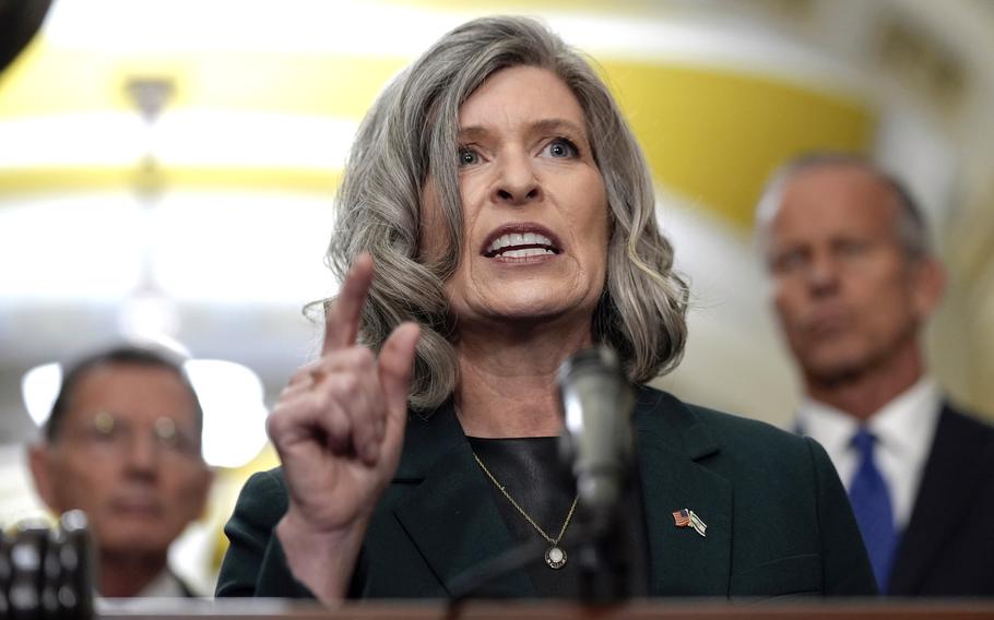 Sen. Joni Ernst, R-Iowa, talks after a policy luncheon on Capitol Hill, Sept. 24, 2024, in Washington.