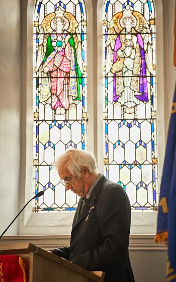 Michael Hammerson, junior vice commander of the Sons of Union Veterans of the Civil War, remembers Civil War veteran Pvt. James Schobel White through family letters, Aug. 10, 2024, at the East London Cemetery Chapel in England. Hammerson's organization hosts a memorial for U.S. Civil War veterans in London every year. 