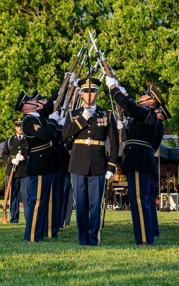 Soldiers assigned to the Commander-in-Chief’s Guard, 3rd U.S. Infantry Regiment (The Old Guard), participate in Twilight Tattoo in celebration of the 249th Birthday of the U.S. Army at Summerall Field, Joint Base Myer-Henderson Hall, Va., June 12, 2024. The event, hosted by Secretary of the U.S. Army Christine E. Wormuth, Chief of Staff of the U.S. Army Gen. Randy A. George, and co-hosted by Sgt. Maj. of the Army Michael R. Weimer, commemorates the Army’s legacy, built over 249 years on the dedication, courage and heroism of every American soldier. 