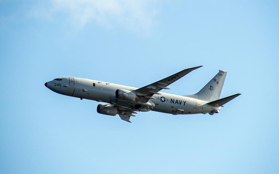 A U.S. Navy P-8A Poseidon flies somewhere over the Pacific Ocean, Nov. 7, 2023.