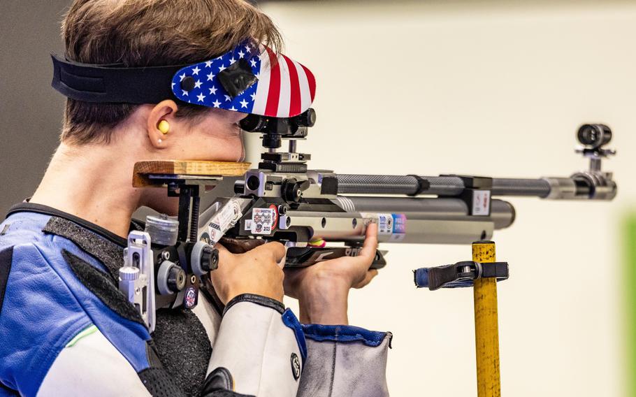 Army Sgt. Sagen Maddalena looks through her sight during the women's 10-meter air rifle final at the 2024 Paris Olympics on Monday, July 29, 2024, at the Chateauroux Shooting Centre in Chateauroux, France.