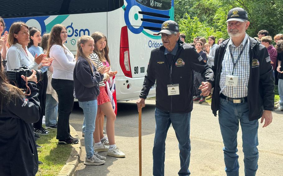 Marty Rodriguez is among the WWII veterans greeted on Monday, June 3, 2024, by the crowd in Houlgate, France.