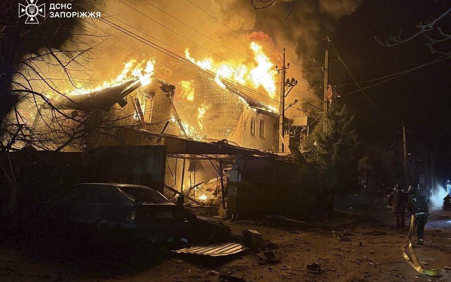 A building is on fire after a Russian attack on Zaporizhzhia, Ukraine.