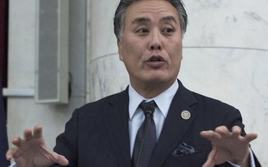 Rep. Mark Takano, D-Calif., warned a major legislative package for improving access to community-based medical services for veterans would drain health care dollars from hospitals and clinics run by the Department of Veterans Affairs. Takano is shown speaking at a VA health care event in this 2017 photo.