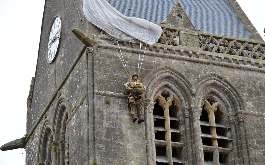 An effigy of Pvt. John Steele, an 82nd Airborne Division soldier, hangs from the steeple at the Sainte-Mère-Église church. Steele’s parachute got caught on the steeple when he jumped on D-Day. He played dead for several hours, but eventually was taken prisoner by the Germans. He later escaped and continued to fight in the war. His plight was retold in the1962 movie “The Longest Day,” where he was played by Red Buttons. 