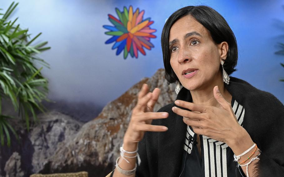 Colombia’s environmental minister motions with her hands during an interview in Colombia, Oct. 28, 2024.