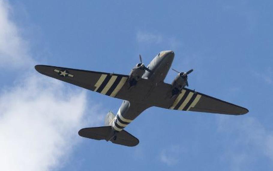 A Douglas C-47 Skytrain sits on Wiesbaden Army Airfield during the 75th anniversary of the Berlin Airlift held on Lucius D. Clay Kaserne, Wiesbaden, Germany, June 15, 2024. The Douglas C-47 Skytrain was one of the aircraft used by the U.S. during the airlift but was later replaced by aircraft that could transport larger payloads. 