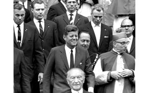 HED: Kennedy in Cologne, 1963

Cologne, Germany, June 23, 1963:  Led down the steps by West German Chancellor Konrad Adenauer and trailed by a security detail, President John F. Kennedy leaves the famed Cologne cathedral after Mass.

Looking for Stars and Stripes’ historic coverage? Subscribe to Stars and Stripes’ historic newspaper archive! We have digitized our 1948-1999 European and Pacific editions, as well as several of our WWII editions and made them available online through https://starsandstripes.newspaperarchive.com/

META TAGS: West German Chancellor Konrad Adenauer and President John F. Kennedy; Cologne; Germany