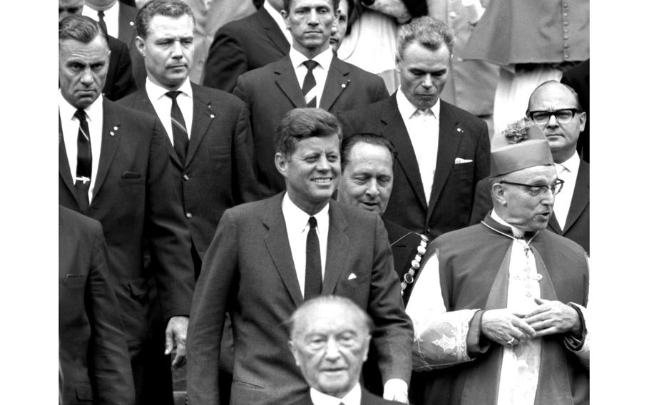 President John F. Kennedy leaving the famed Cologne cathedral after Mass