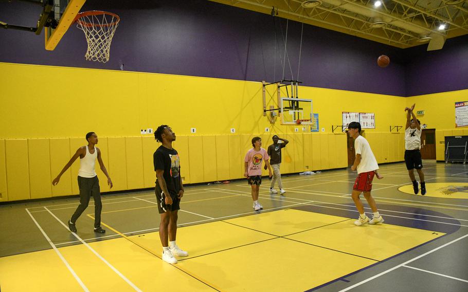 Members of the boys high school basketball team in Bahrain practice on Nov. 16, 2023. The homecoming dance for the high school this year took place on-site instead of in a hotel in Manama, due to security restrictions. 