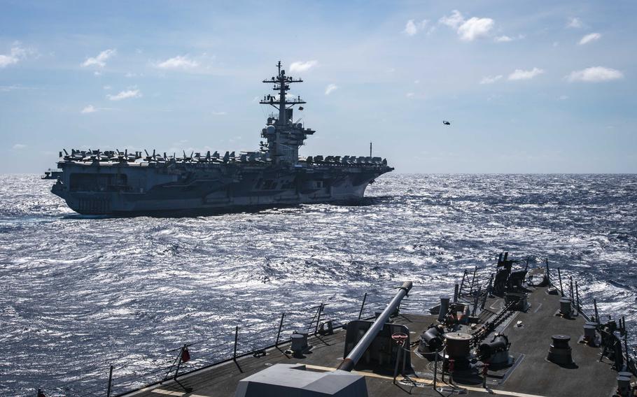 The USS Carl Vinson and the USS Sterett in the South China Sea.