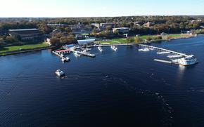 Aerial photograph of the waterfront facilities on campus at the Coast Guard Academy, New London, Nov. 2, 2023. (Coast Guard photograph by Petty Officer Matt Thieme)