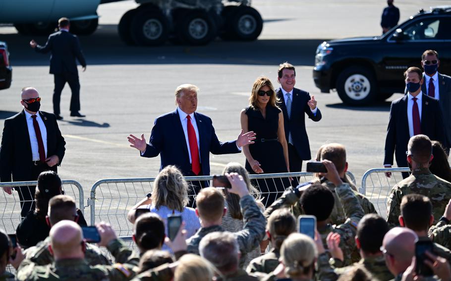 President Donald Trump and first lady Melania Trump greet a group of service members Oct. 22, 2020 at Berry Field Air National Base, Nashville, Tennessee.