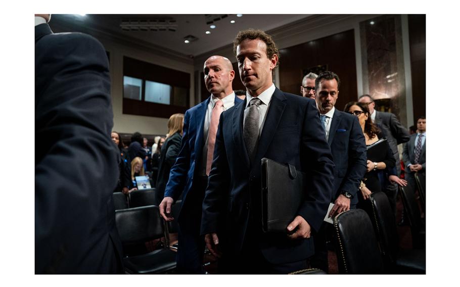 Mark Zuckerberg, chief executive officer of Meta, center, departs following a Senate Judiciary Committee hearing in Washington, D.C., on Jan. 31, 2024. 