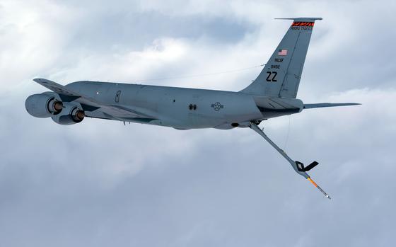 A KC-135 Stratotanker with the 909th Air Refueling Squadron at Kadena Air Base, Okinawa, flies during routine training on Dec. 11, 2018.