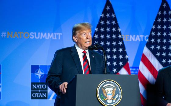 Then-President Donald Trump speaks during a press conference at the 2018 NATO summit in Brussels. Should the former president win the 2024 election, NATO will likely see a significant pullback of U.S. involvement, according to a Center for Strategic and International Studies report.  