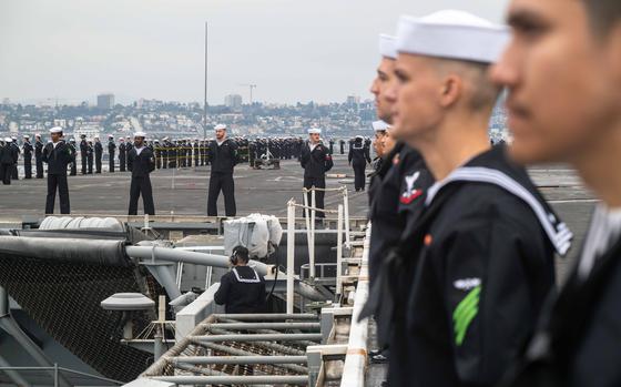 SAN DIEGO (Oct. 15, 2024) U.S. Navy Sailors man the rails on the flight deck aboard the Nimitz-class aircraft carrier USS Theodore Roosevelt (CVN 71) as the ship arrives in San Diego following a scheduled nine-month deployment, Oct. 15, 2024. Theodore Roosevelt, the flagship of the Theodore Roosevelt Carrier Strike Group, returned to its homeport after conducting operations in the U.S. 3rd, 5th, and 7th Fleet areas of operation as part of a routine deployment in support of global maritime security operations. As an integral part of U.S. Pacific Fleet, Commander, U.S. 3rd Fleet operates naval forces in the Indo-Pacific and provides the realistic and relevant training necessary to execute the U.S. Navy’s timeless role across the full spectrum of military operations-from combat missions to humanitarian assistance and disaster relief. U.S. 3rd Fleet works in close coordination with other numbered fleets to provide commanders with capable, ready forces to deploy forward and win in day-to-day competition, in crisis, and in conflict. (U.S. Navy photo by Mass Communication Specialist 2nd Class Ikia Walker)