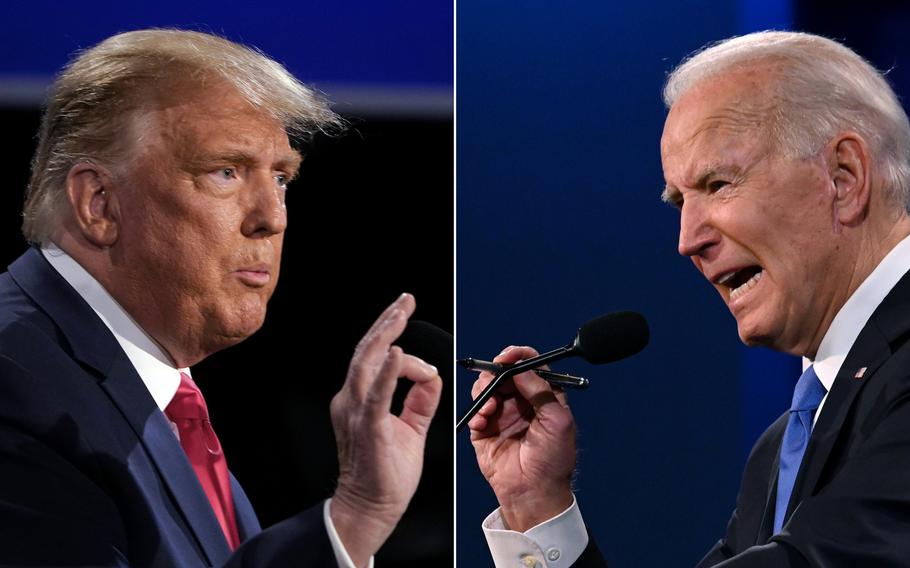 This combination of pictures shows then-U.S. President Donald Trump and Democratic Presidential candidate and former U.S. Vice President Joe Biden during the final presidential debate at Belmont University in Nashville, Tennessee, on October 22, 2020.