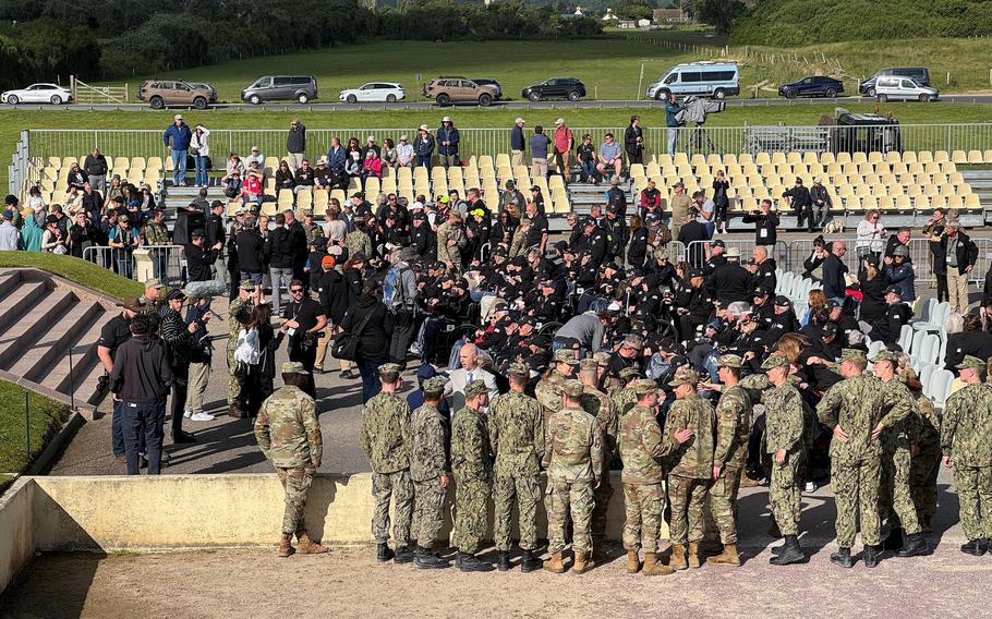 World War II veterans assembled Wednesday, June 5, 2024, for a ceremony at Utah Beach, a day before the 80th anniversary of the D-Day landings in Normandy, France.