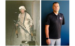 Side-by-side images of Marine veteran Adam Kisielewski: One of him in camouflage combat uniform holding firearms and one of him in casual clothes missing his left arm.