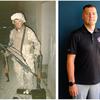 Side-by-side images of Marine veteran Adam Kisielewski: One of him in camouflage combat uniform holding firearms and one of him in casual clothes missing his left arm.